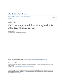 Writing South Africa at the Turn of the Millennium David Moore Macalester College, Mooredc@Macalester.Edu