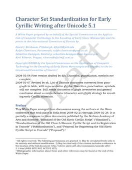 Character Set Standartization for Early Cyrillic Writing After Unicode