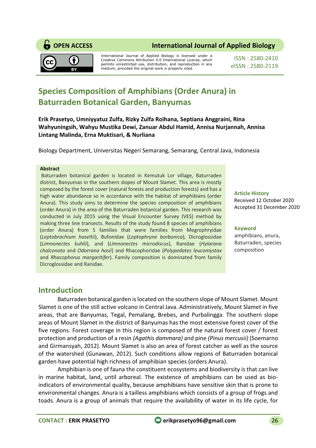 Species Composition of Amphibians (Order Anura) in Baturraden Botanical Garden, Banyumas