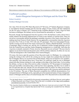 Austro-Hungarian Immigrants in Michigan and the Great War Robert Goodrich Northern Michigan University