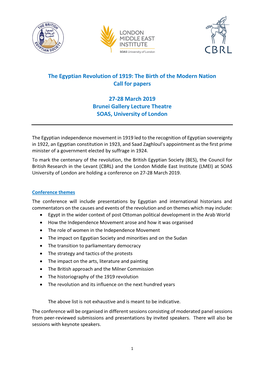 The Egyptian Revolution of 1919: the Birth of the Modern Nation Call for Papers