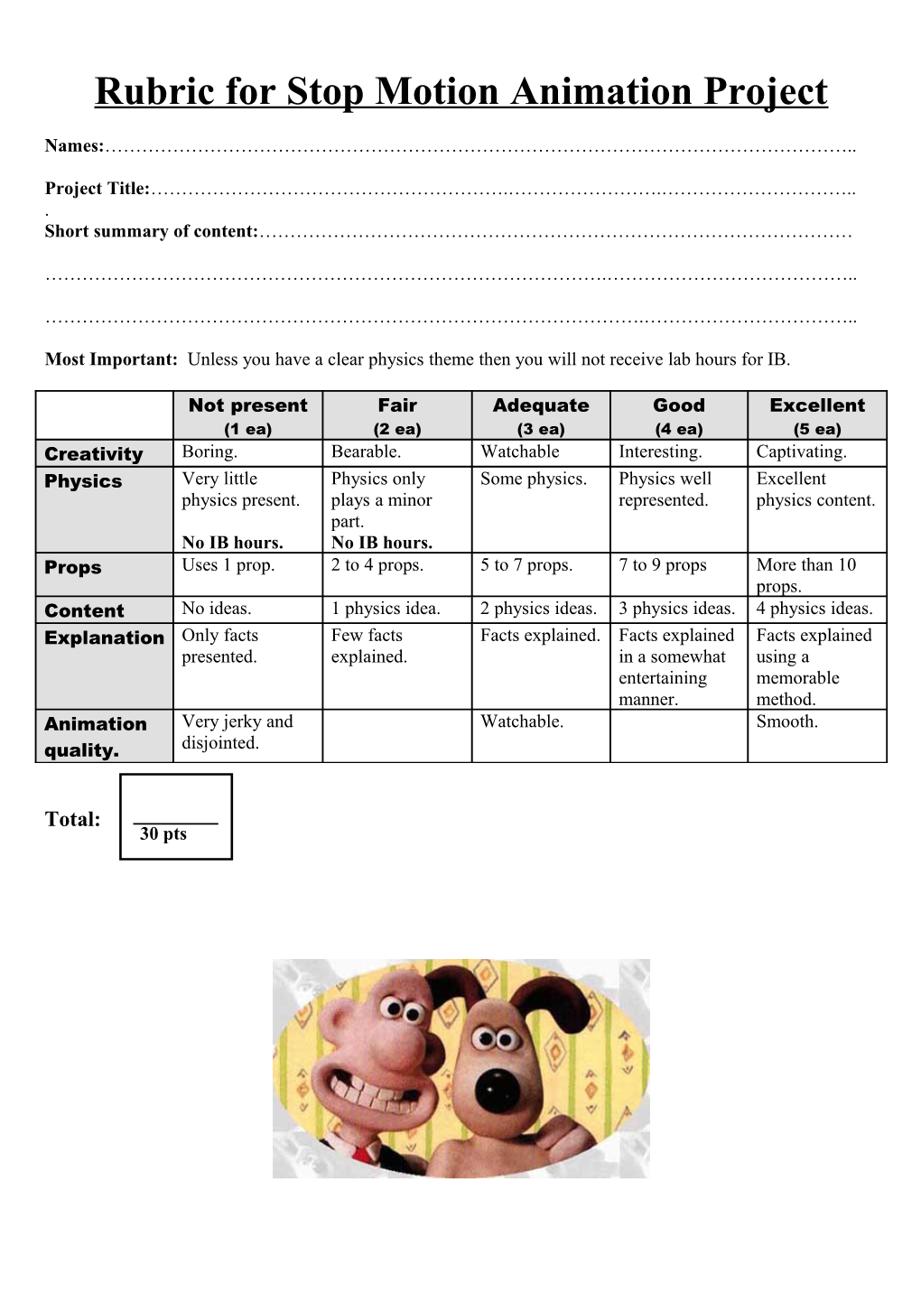 Rubric for Stop Motion Animation Project - DocsLib