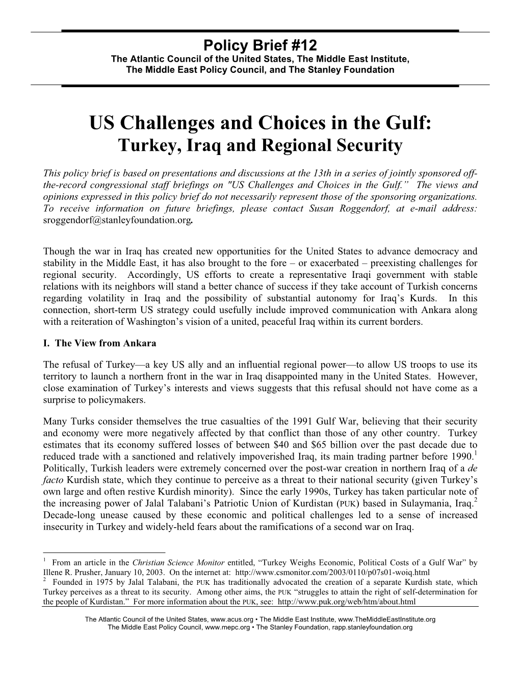 US Challenges and Choices in the Gulf: Turkey, Iraq and Regional Security