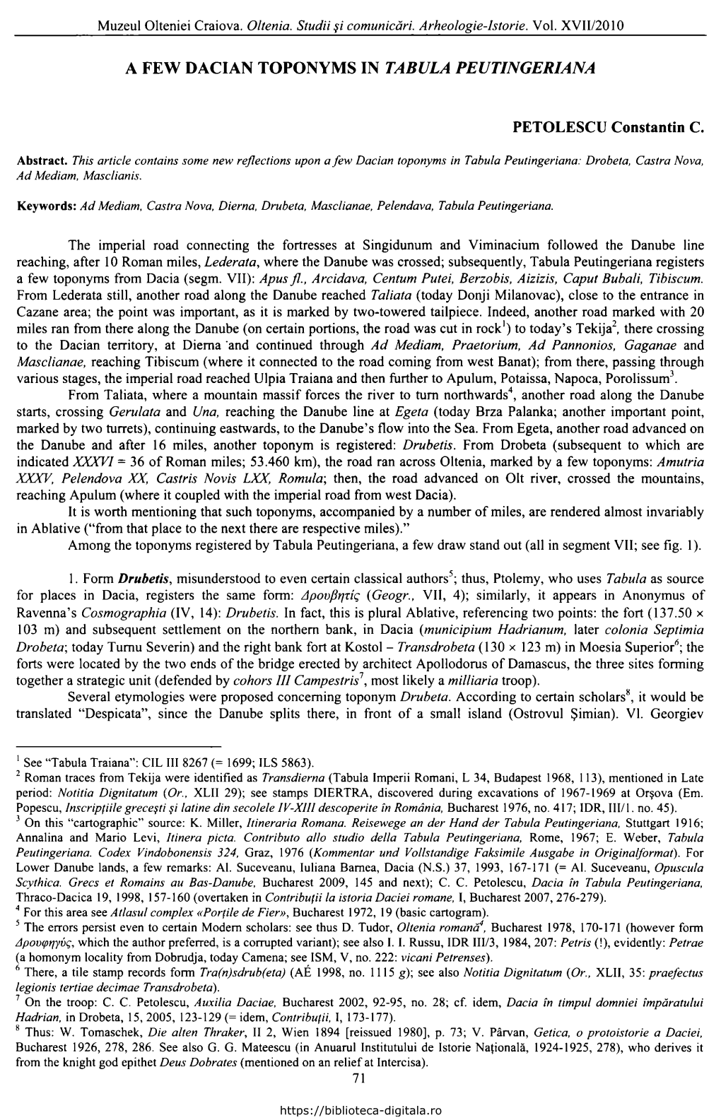 A Few Dacian Toponyms in Tabula Peutingeriana