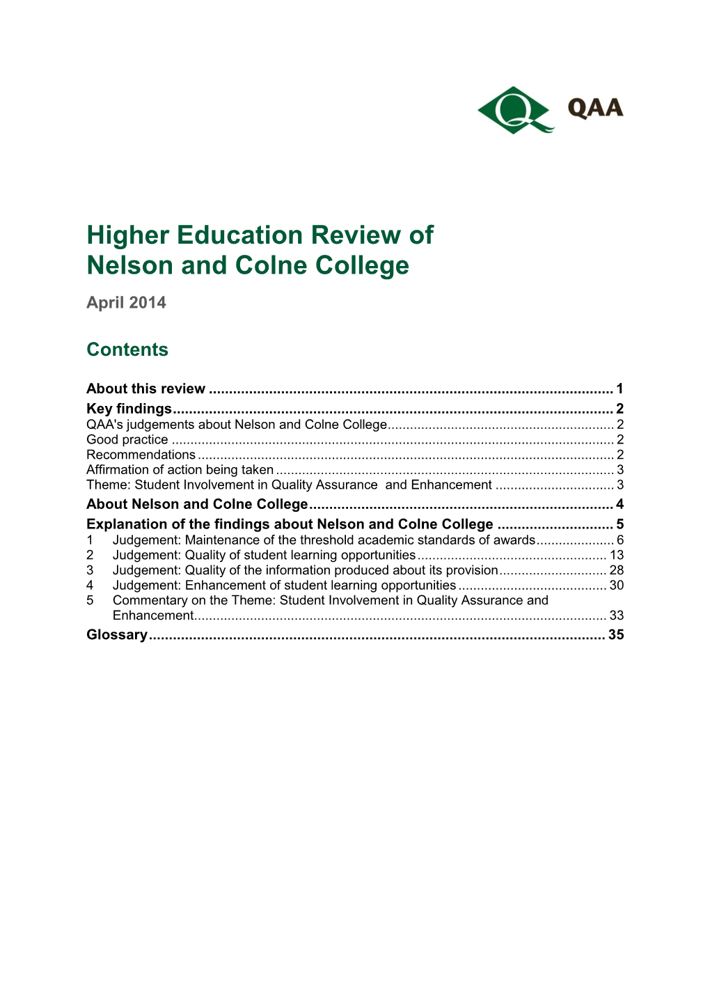 Higher Education Review of Nelson and Colne College April 2014