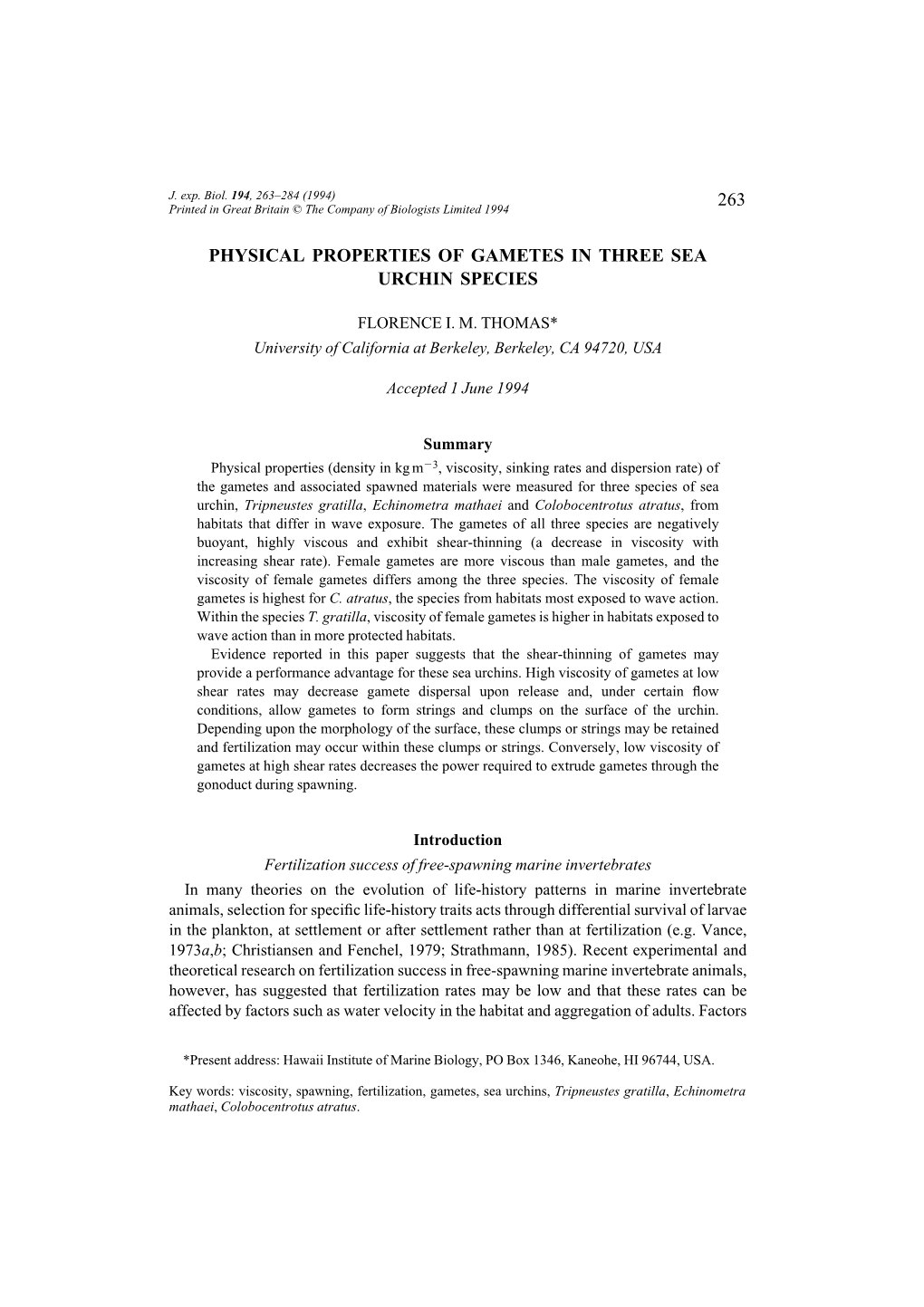 263 Physical Properties of Gametes in Three Sea Urchin