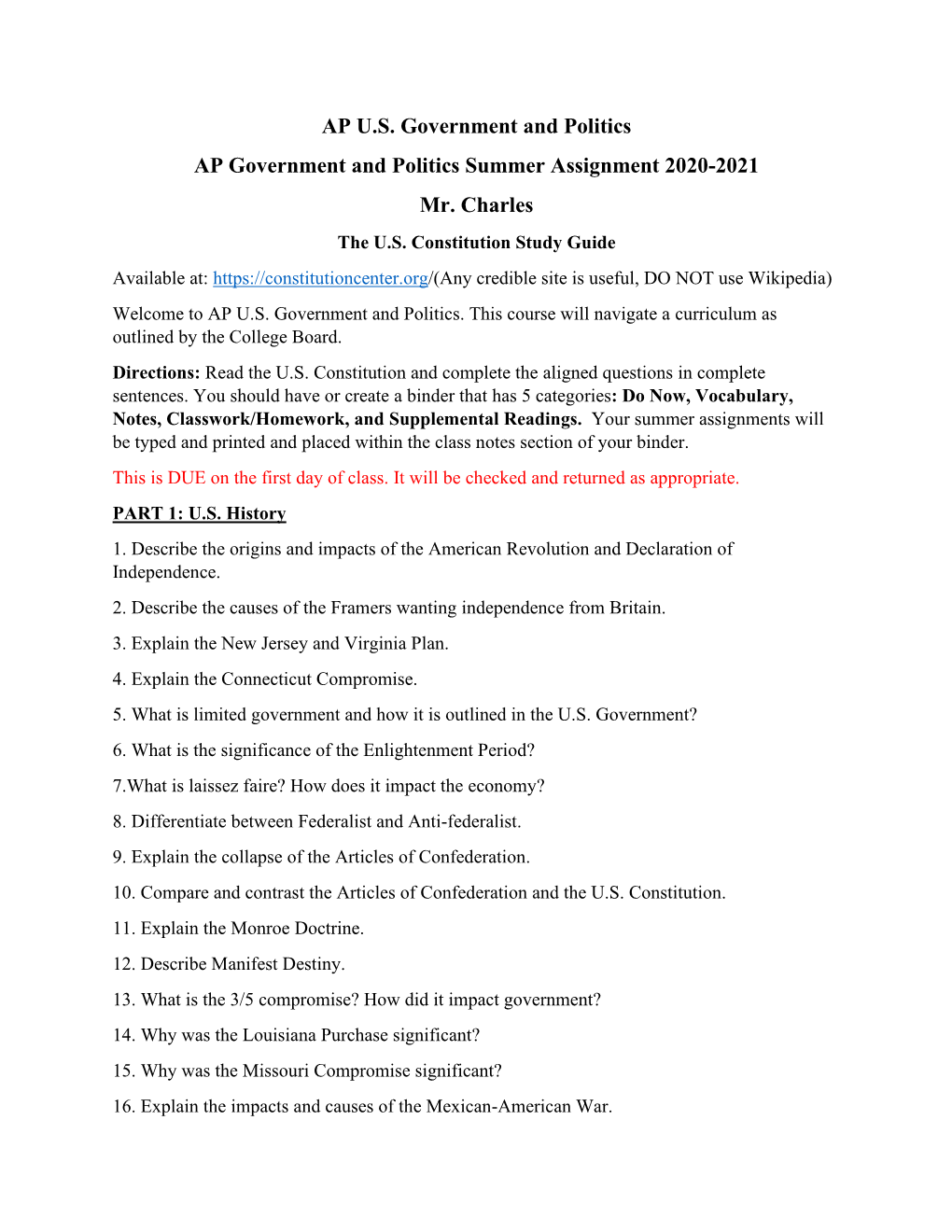 AP U.S. Government and Politics AP Government and Politics Summer Assignment 2020-2021 Mr