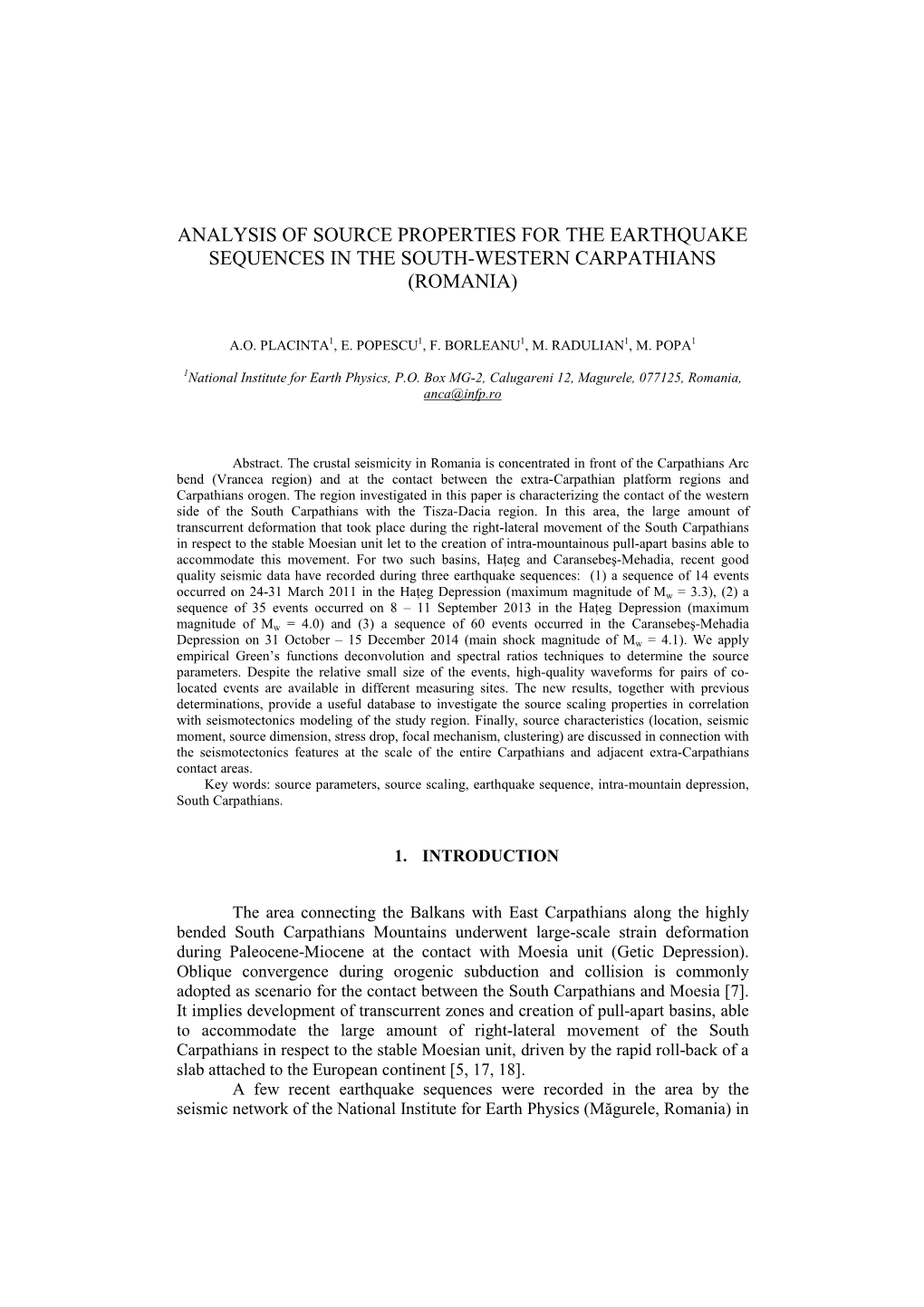 Analysis of Source Properties for the Earthquake Sequences in the South-Western Carpathians (Romania)