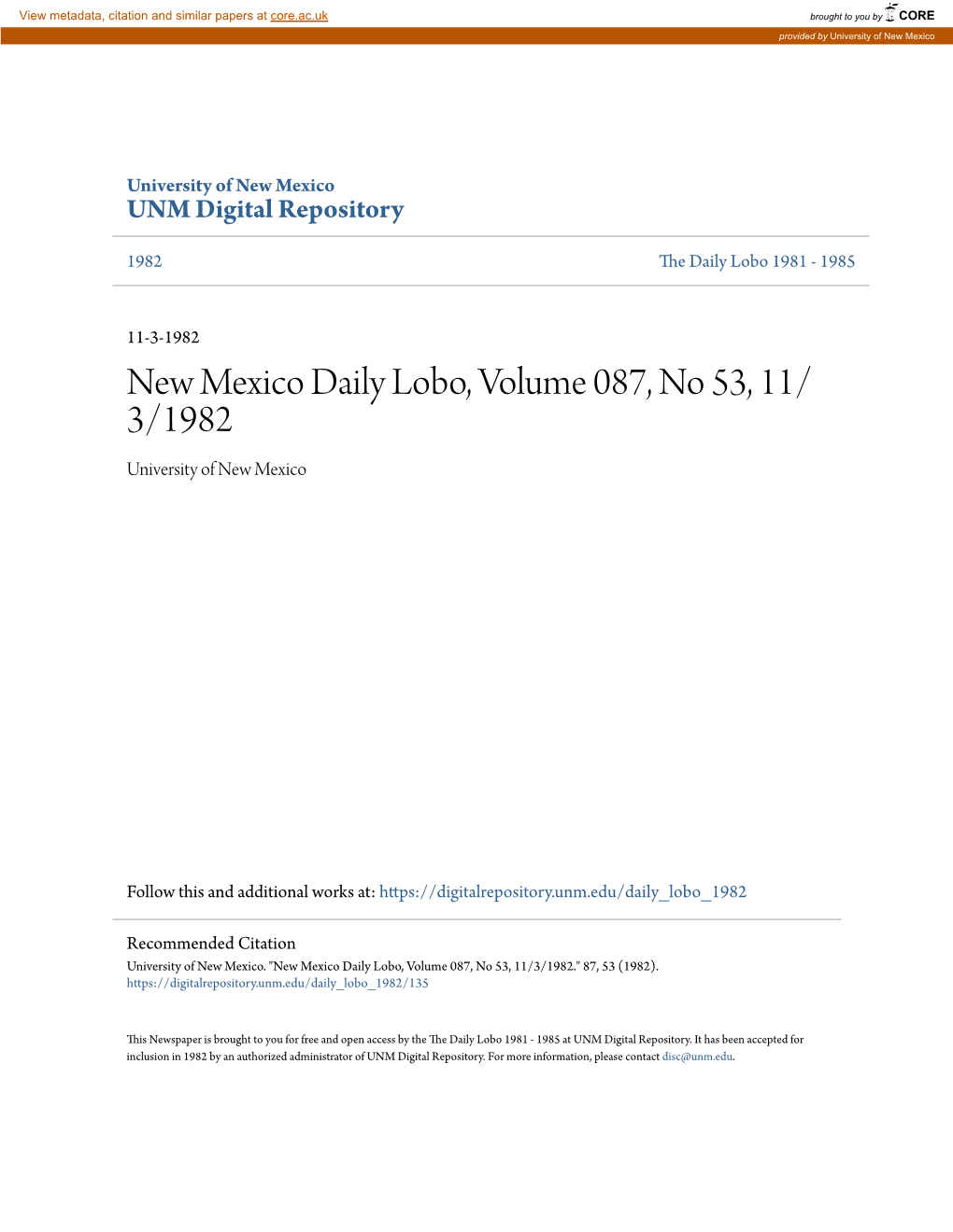 New Mexico Daily Lobo, Volume 087, No 53, 11/3/1982." 87, 53 (1982)