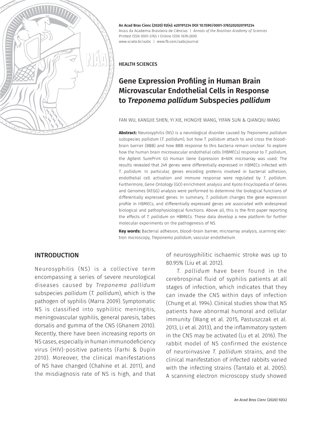 Gene Expression Profiling in Human Brain Microvascular Endothelial Cells in Response to Treponema Pallidum Subspecies Pallidum