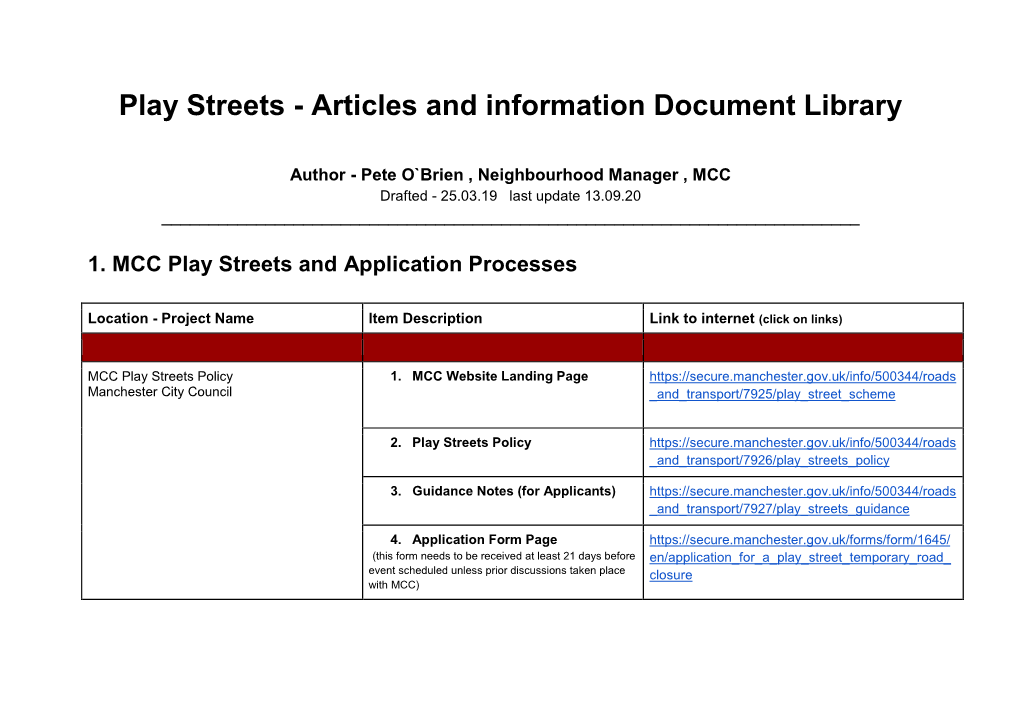 Play Streets - Articles and Information Document Library