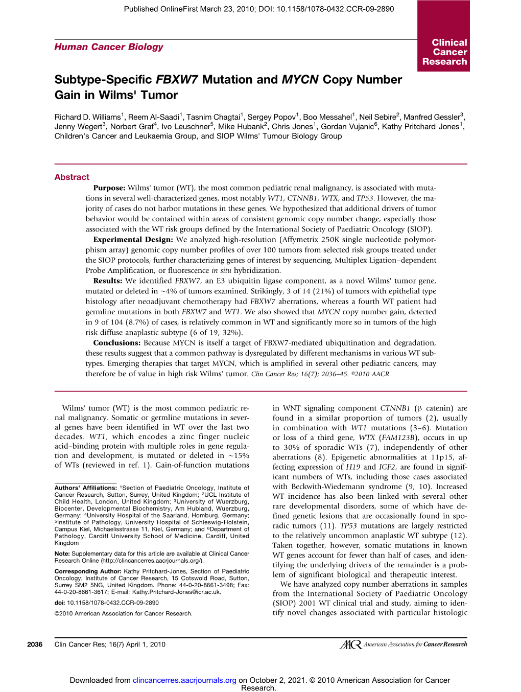 Subtype-Specific FBXW7 Mutation and MYCN Copy Number Gain in Wilms' Tumor