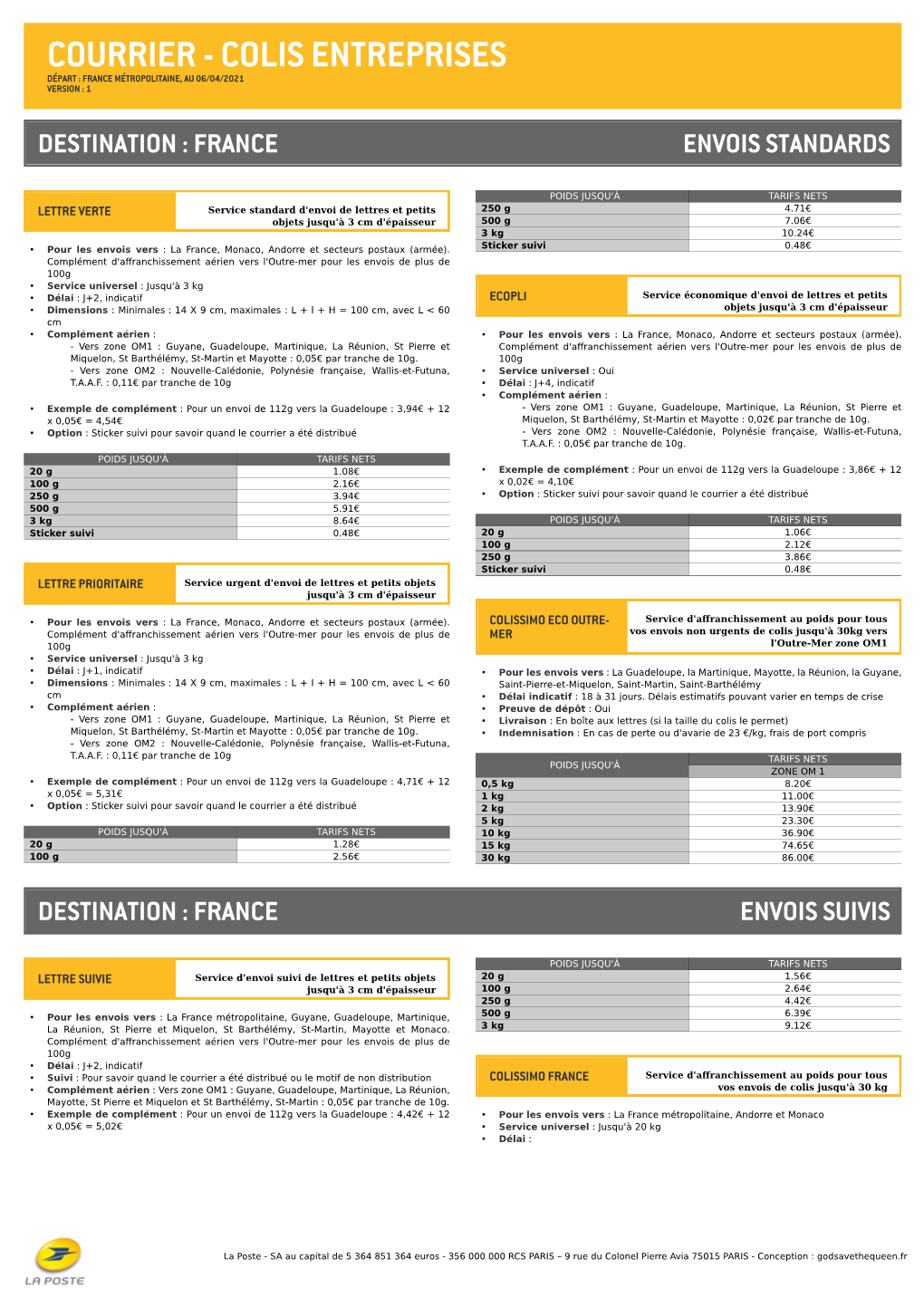 Courrier - Colis Entreprises Départ : France Métropolitaine, Au 06/04/2021 Version : 1