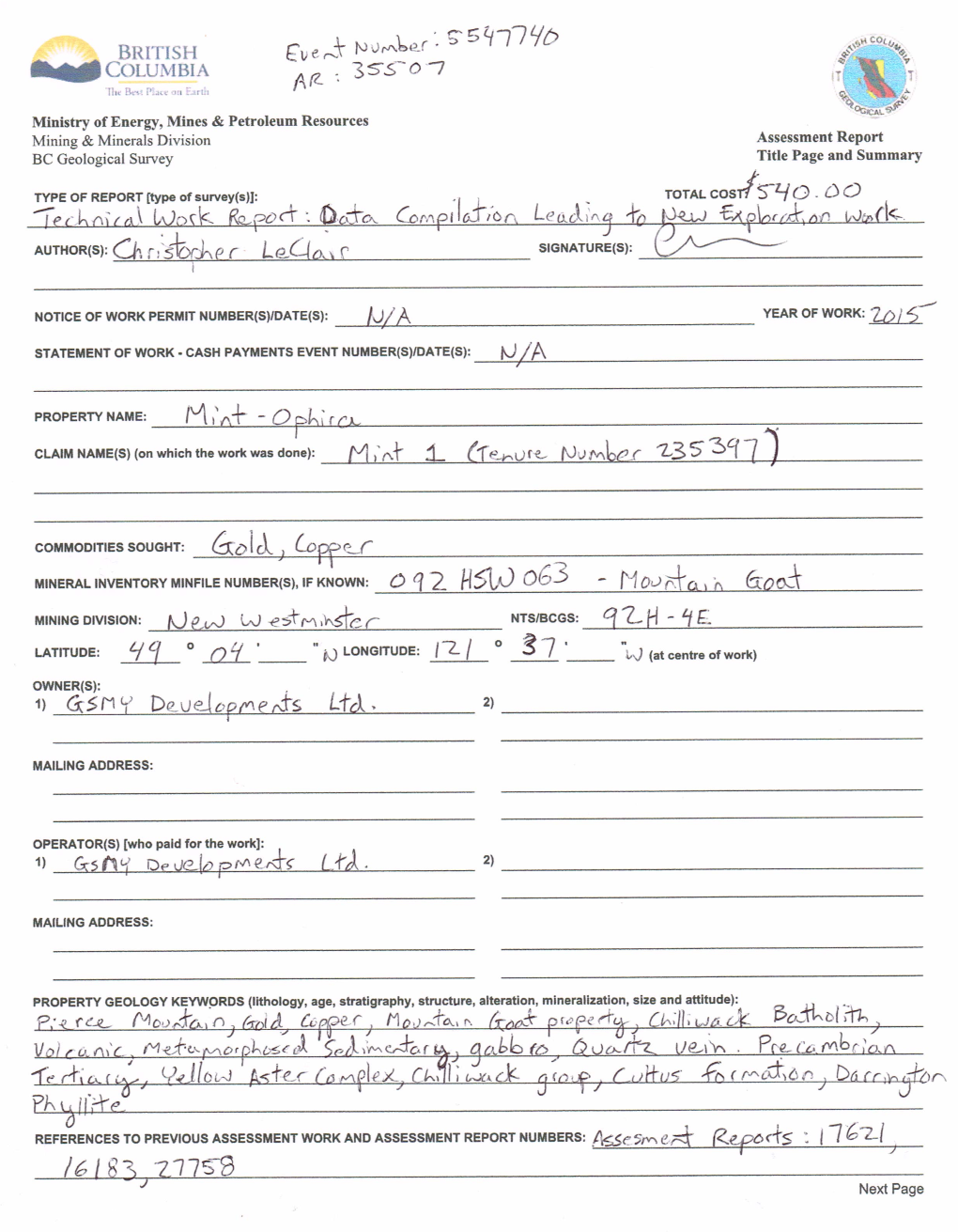 BC Geological Survey Assessment Report 35507