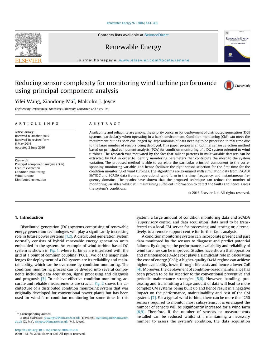 Reducing Sensor Complexity for Monitoring Wind Turbine Performance Using Principal Component Analysis