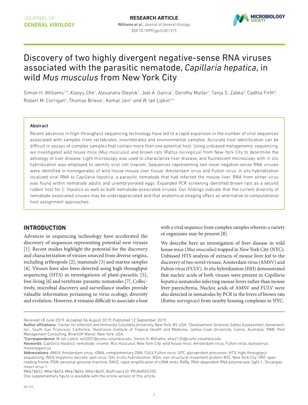 Discovery of Two Highly Divergent Negative-Sense RNA Viruses Associated with the Parasitic Nematode, Capillaria Hepatica, in Wild Mus Musculus from New York City