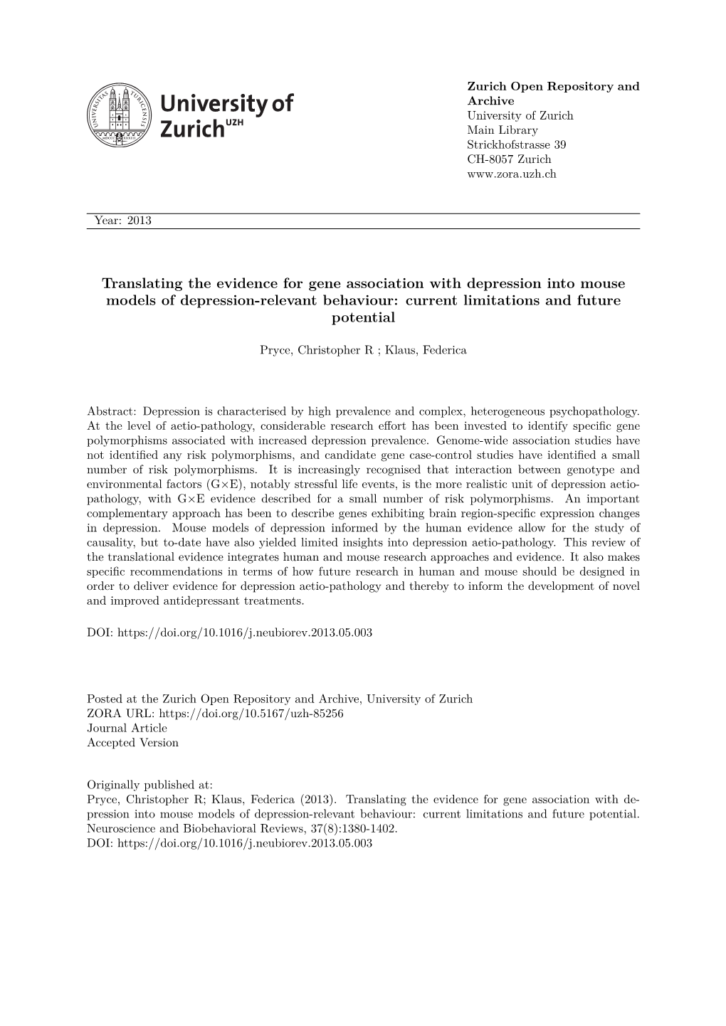 Translating the Evidence for Gene Association with Depression Into Mouse Models of Depression-Relevant Behaviour: Current Limitations and Future Potential