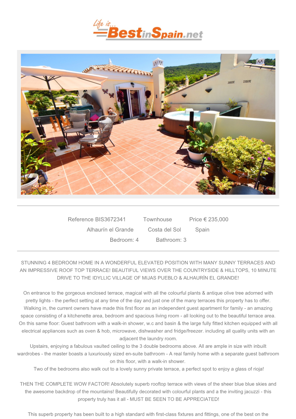 Reference BIS3672341 Townhouse Price € 235,000 Alhaurín El Grande Costa Del Sol Spain Bedroom: 4 Bathroom: 3