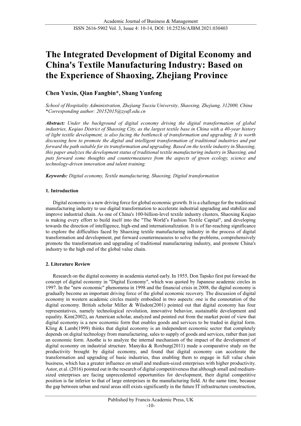 The Integrated Development of Digital Economy and China's Textile Manufacturing Industry: Based on the Experience of Shaoxing, Zhejiang Province