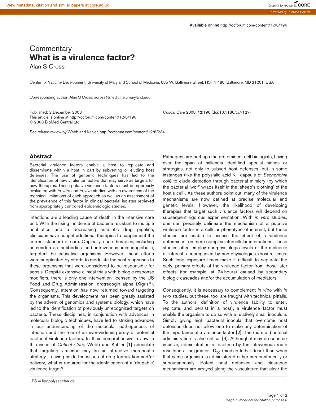 What Is a Virulence Factor? Alan S Cross