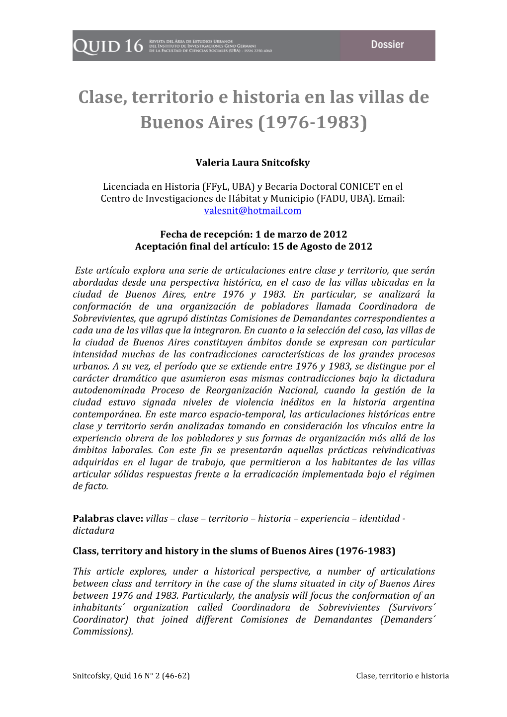 Clase, Territorio E Historia En Las Villas De Buenos Aires (1976-‐1983)