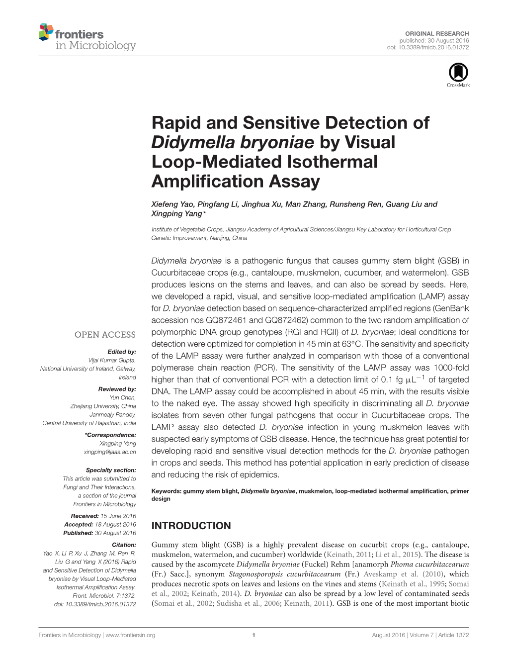 Rapid and Sensitive Detection of Didymella Bryoniae by Visual Loop-Mediated Isothermal Amplification Assay