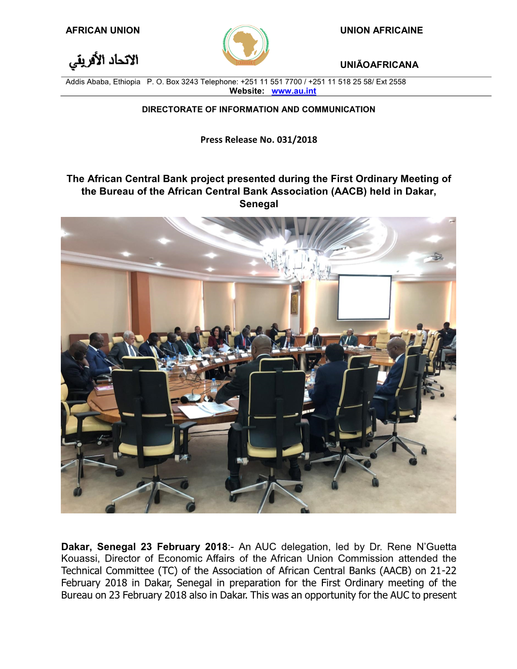 Press Release No. 031/2018 the African Central Bank Project