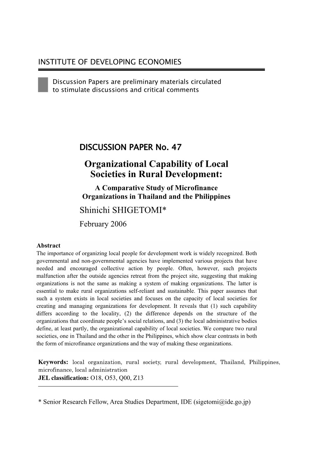 Organizational Capability of Local Societies in Rural Development