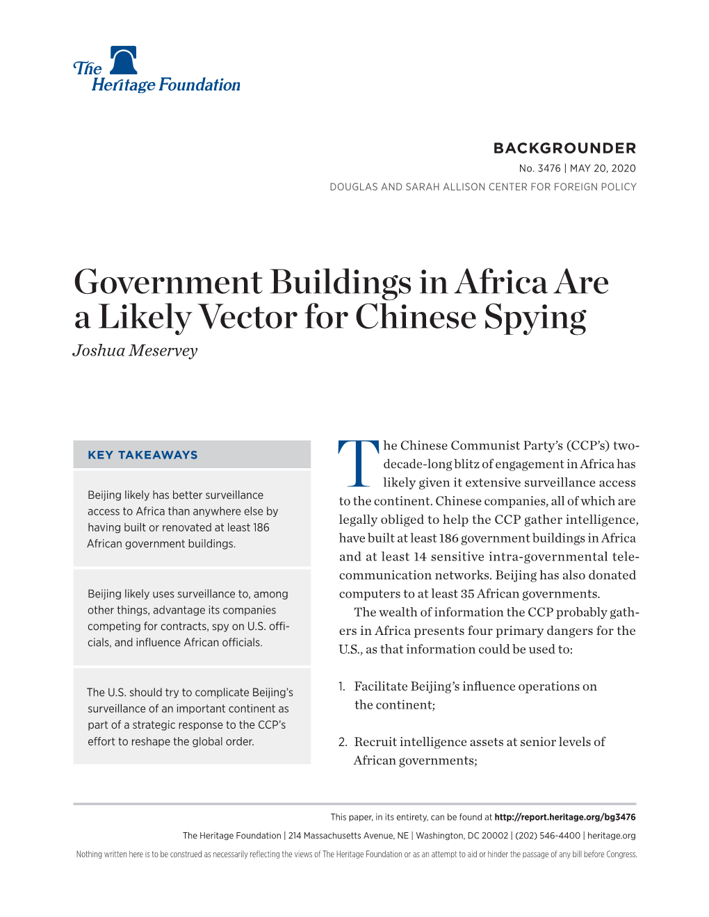 Government Buildings in Africa Are a Likely Vector for Chinese Spying Joshua Meservey