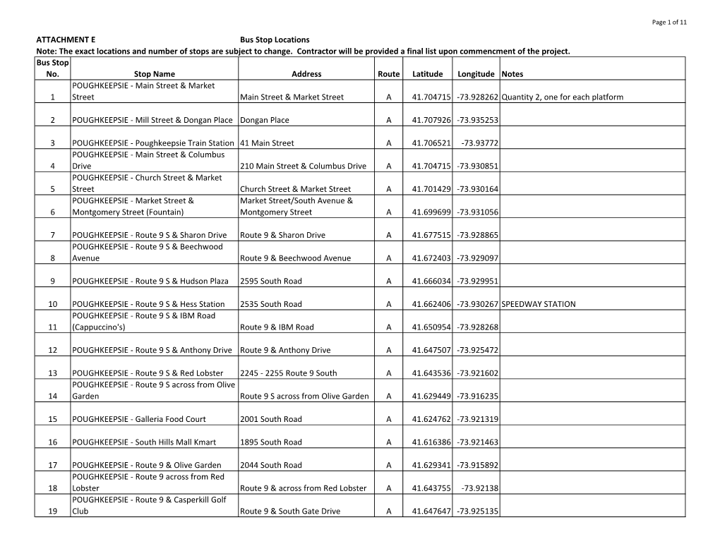 ATTACHMENT E Bus Stop Locations Note: the Exact Locations and Number of Stops Are Subject to Change