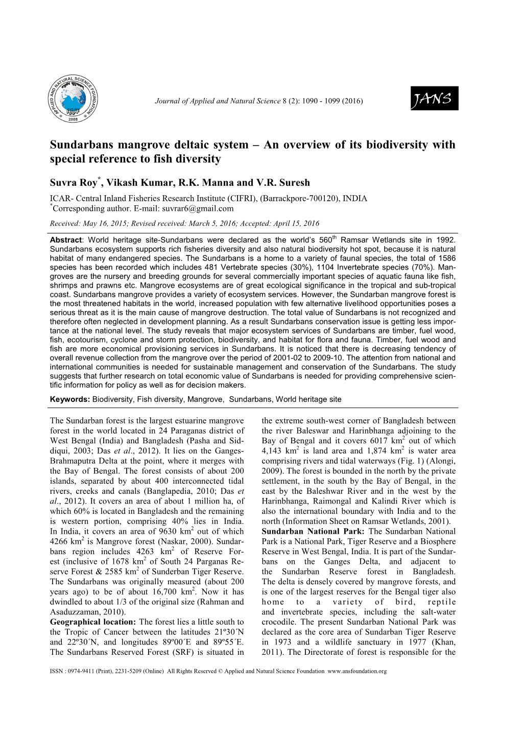 Sundarbans Mangrove Deltaic System – an Overview of Its Biodiversity with Special Reference to Fish Diversity