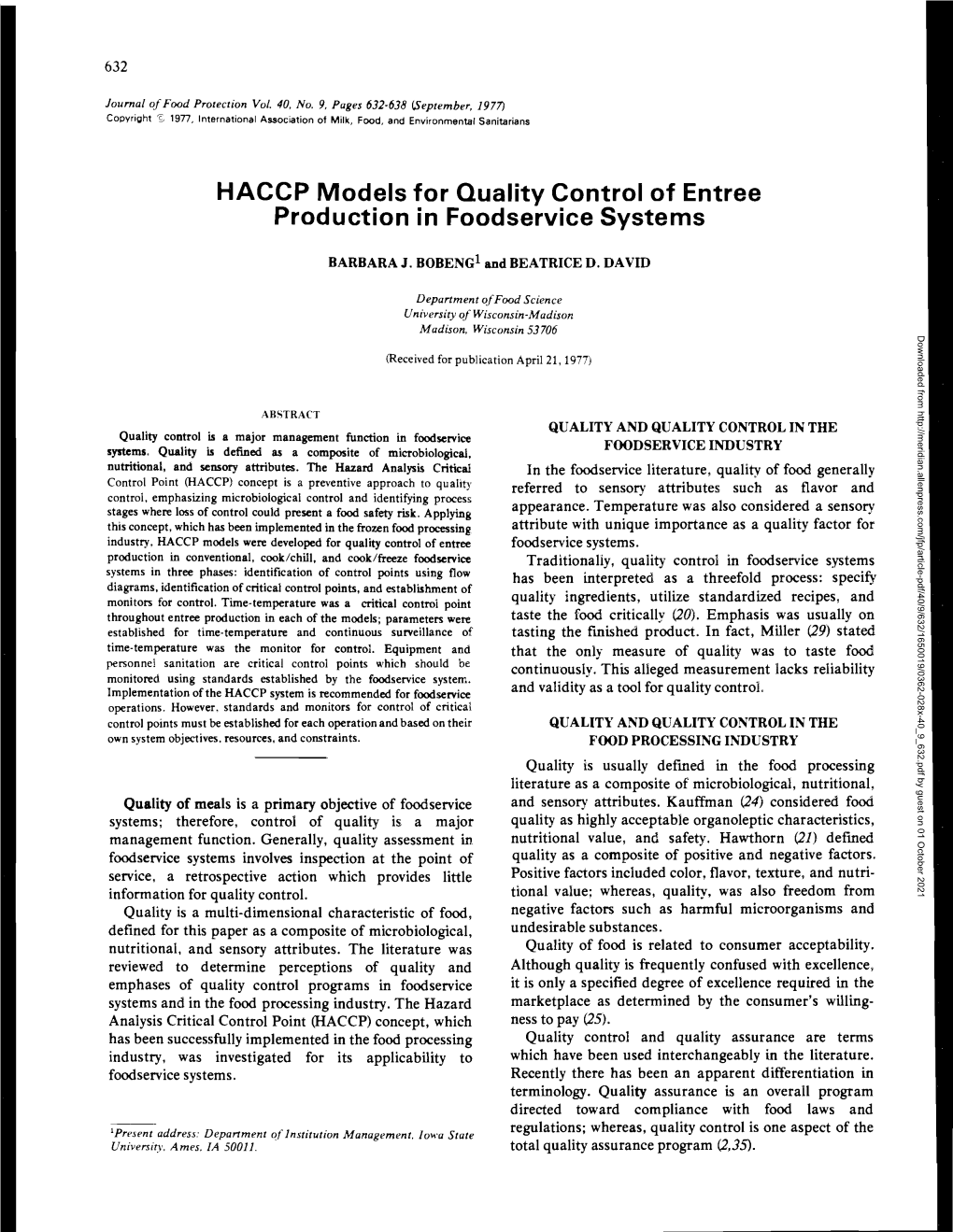 HACCP Models for Quality Control of Entree Production in Foodservice Systems