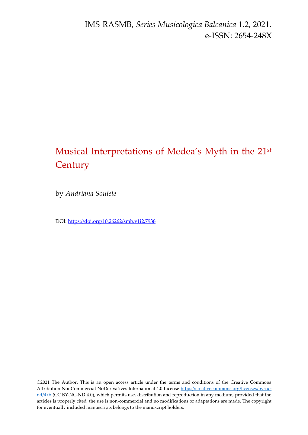 Musical Interpretations of Medea's Myth in the 21St Century
