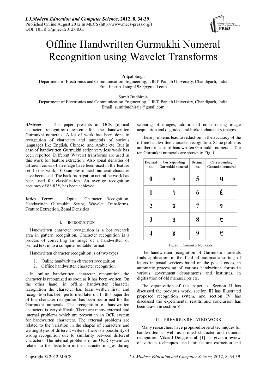 Offline Handwritten Gurmukhi Numeral Recognition Using Wavelet Transforms