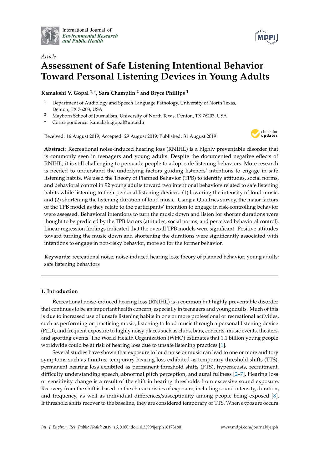 Assessment of Safe Listening Intentional Behavior Toward Personal Listening Devices in Young Adults