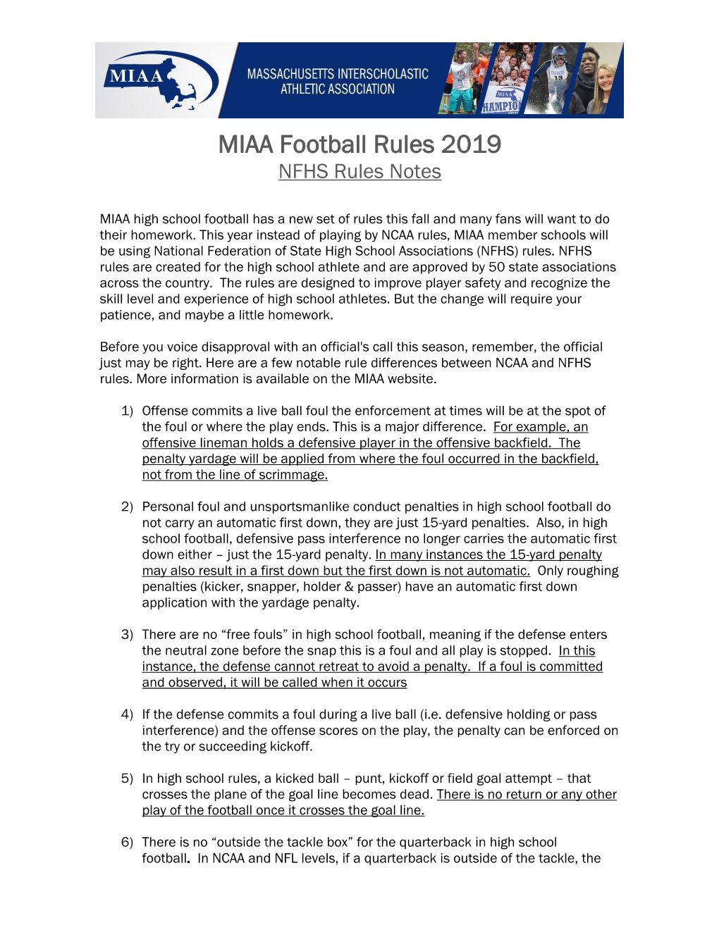 MIAA Football Rules 2019 NFHS Rules Notes