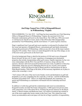 Joel Paige Named New COO of Kingsmill Resort in Williamsburg, Virginia