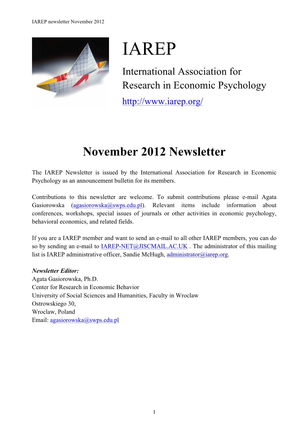 November 2012 IAREP International Association for Research in Economic Psychology