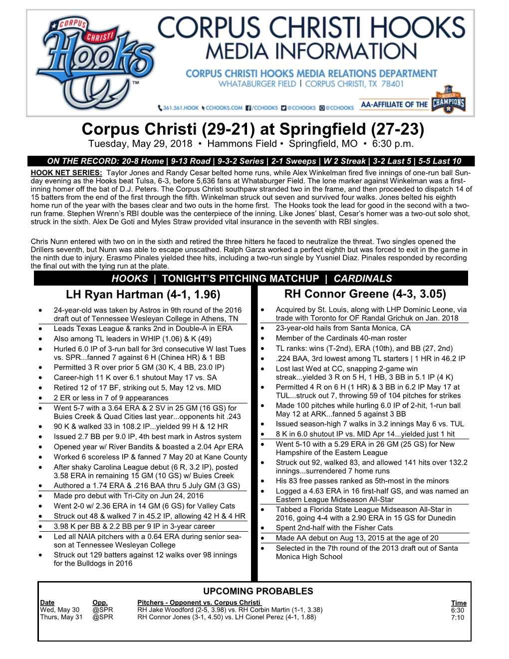 Corpus Christi (29-21) at Springfield (27-23) Tuesday, May 29, 2018 • Hammons Field • Springfield, MO • 6:30 P.M