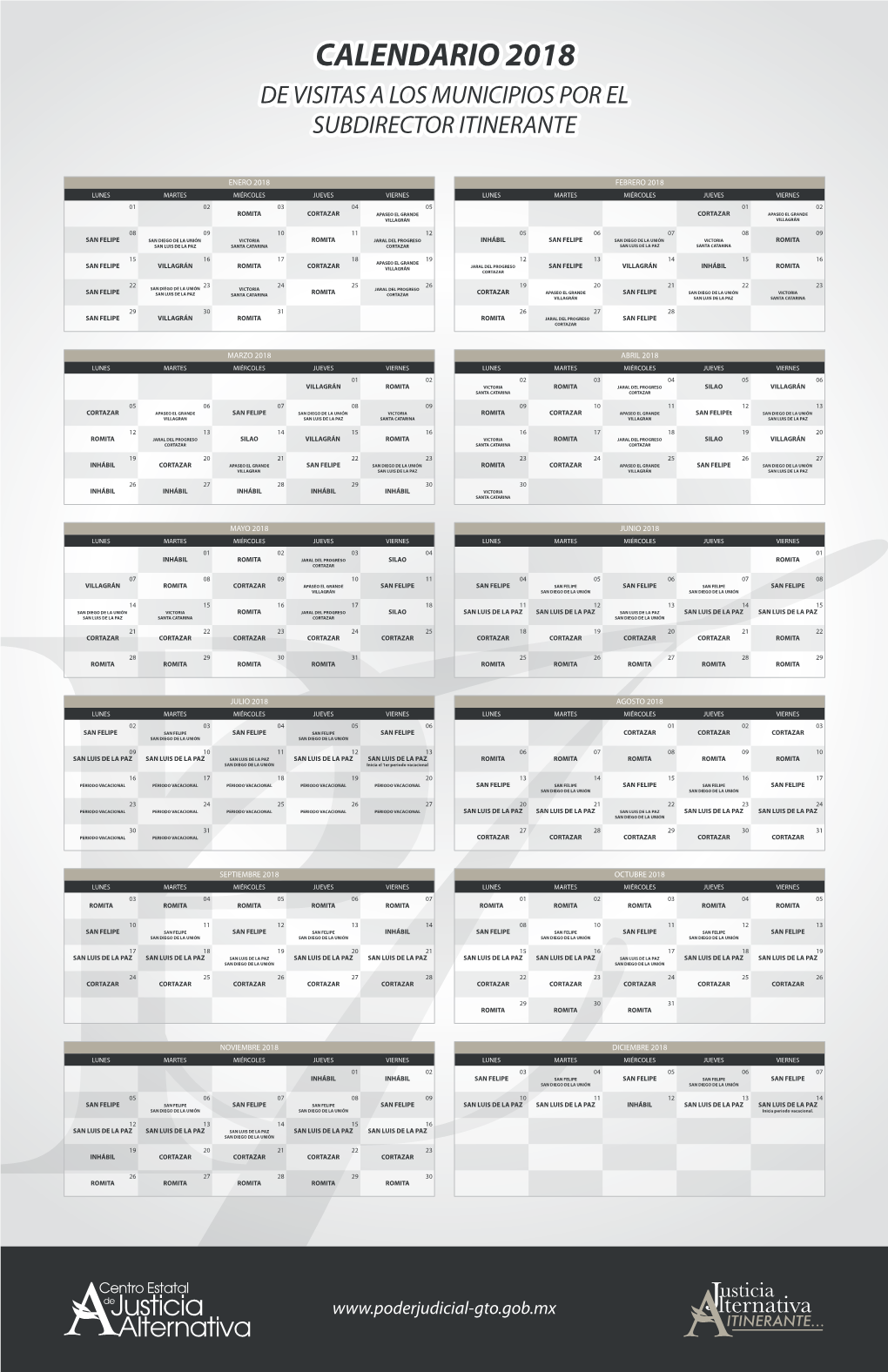 Calendario 2018 De Visitas a Los Municipios Por El Subdirector Itinerante