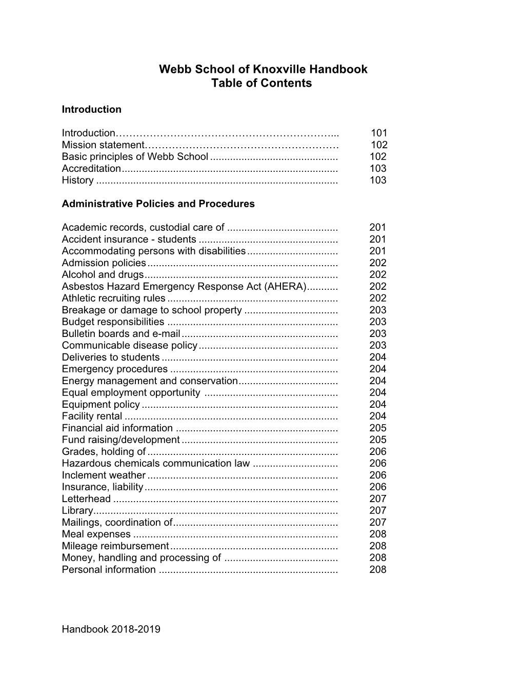 Webb School of Knoxville Handbook Table of Contents