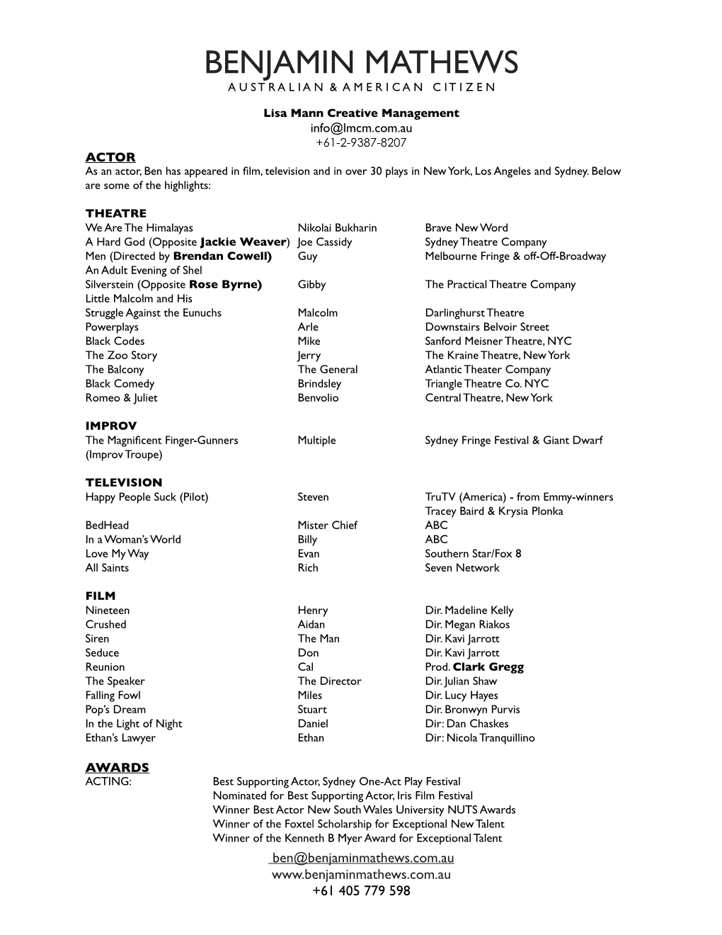 Ben Mathews Acting Resume May 2020