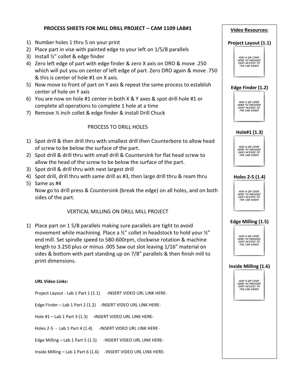 Process Sheets for Mill Drill Project – Cam 1109 Lab#1 1