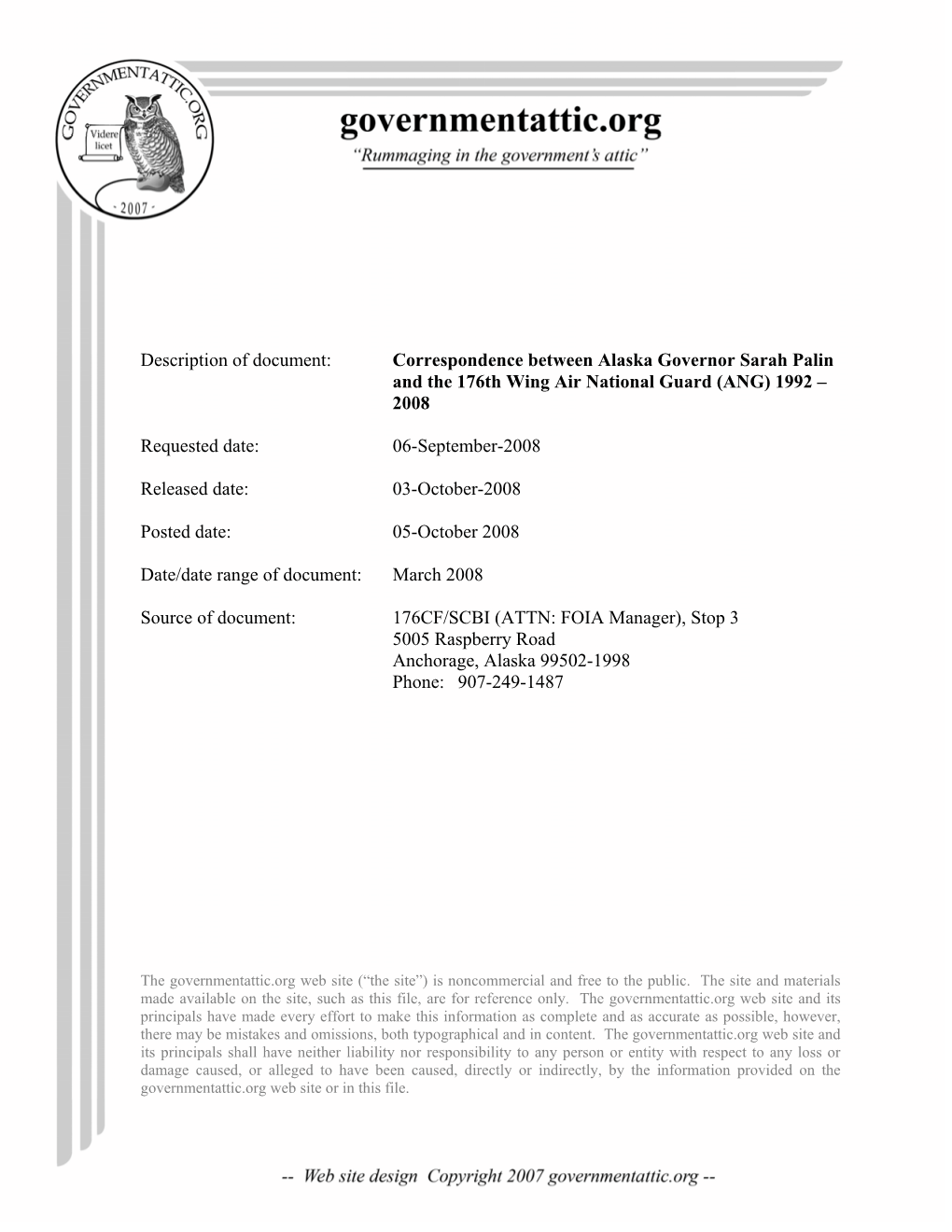 Correspondence Between Alaska Governor Sarah Palin and the 176Th Wing Air National Guard (ANG) 1992 – 2008