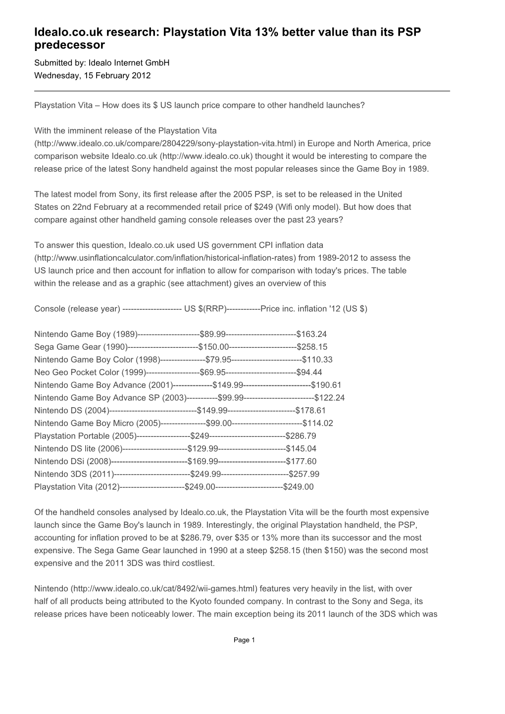 Idealo.Co.Uk Research: Playstation Vita 13% Better Value Than Its PSP Predecessor Submitted By: Idealo Internet Gmbh Wednesday, 15 February 2012