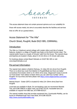 Access Statement for “The Villa” Church Street, Poughill, Bude EX23 9ER, CORNWALL
