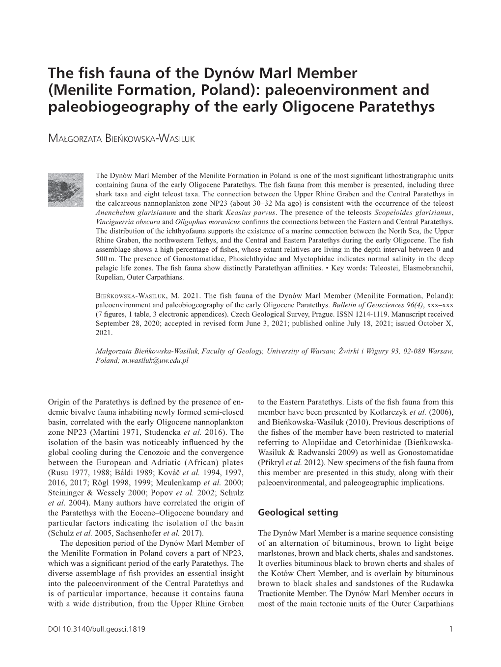 The Fish Fauna of the Dynów Marl Member (Menilite Formation, Poland): Paleoenvironment and Paleobiogeography of the Early Oligocene Paratethys