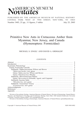 Primitive New Ants in Cretaceous Amber from Myanmar, New Jersey, and Canada (Hymenoptera: Formicidae)