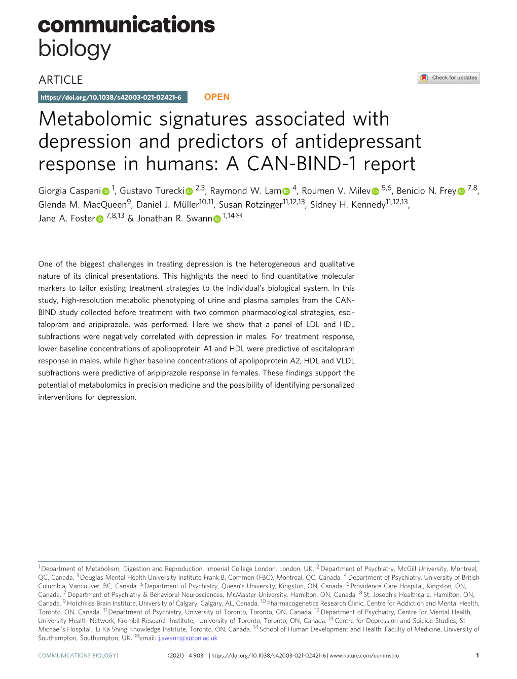 Metabolomic Signatures Associated with Depression and Predictors of Antidepressant Response in Humans: a CAN-BIND-1 Report