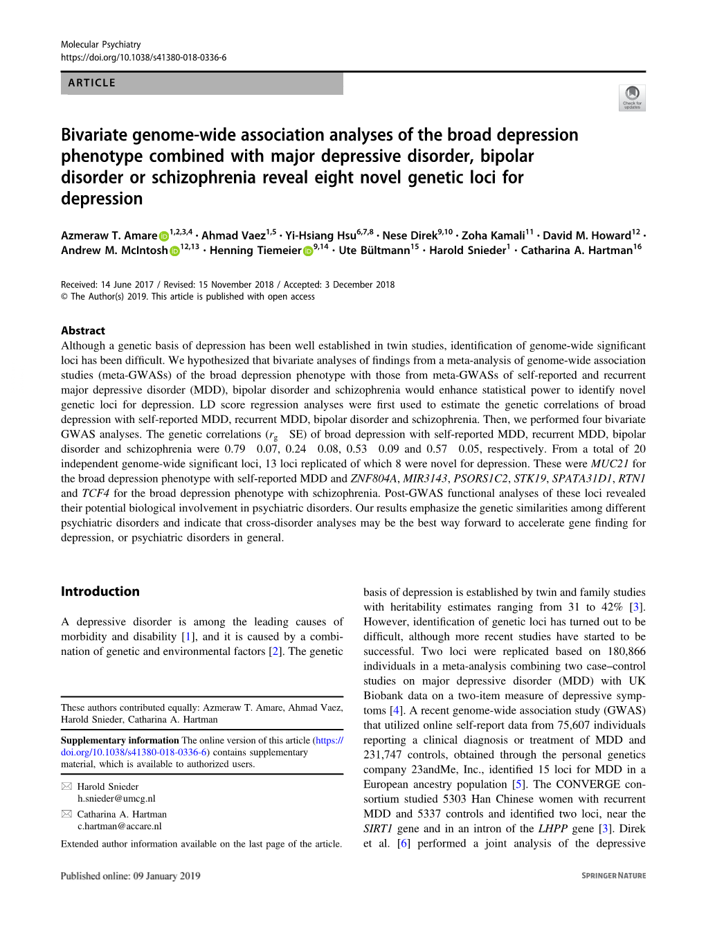 Bivariate Genome-Wide Association Analyses of the Broad Depression Phenotype Combined with Major Depressive Disorder, Bipolar Di